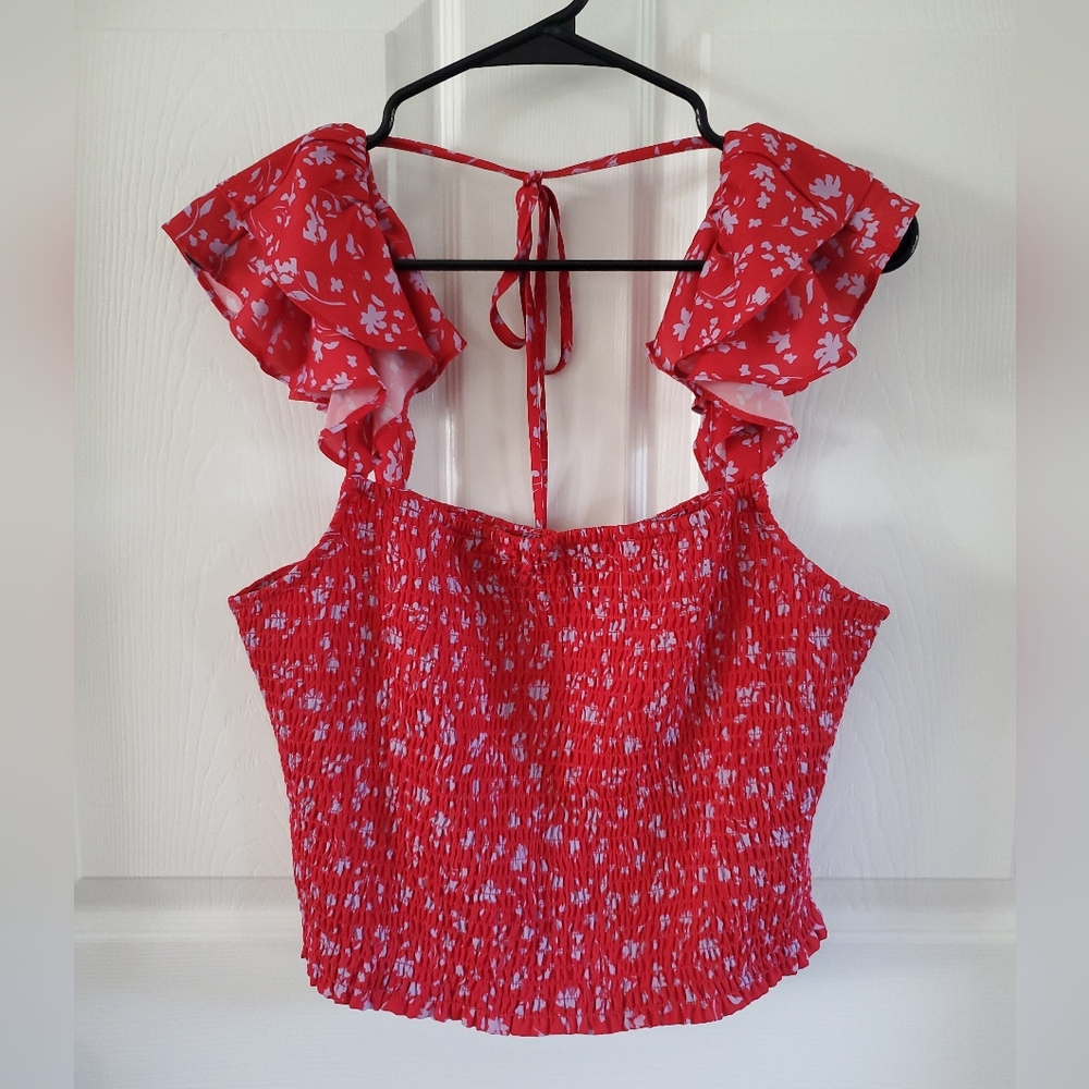 Floral Red Smocked Women's Scrunch Top W/ Ruffle Tank Top Sleeves. #MP